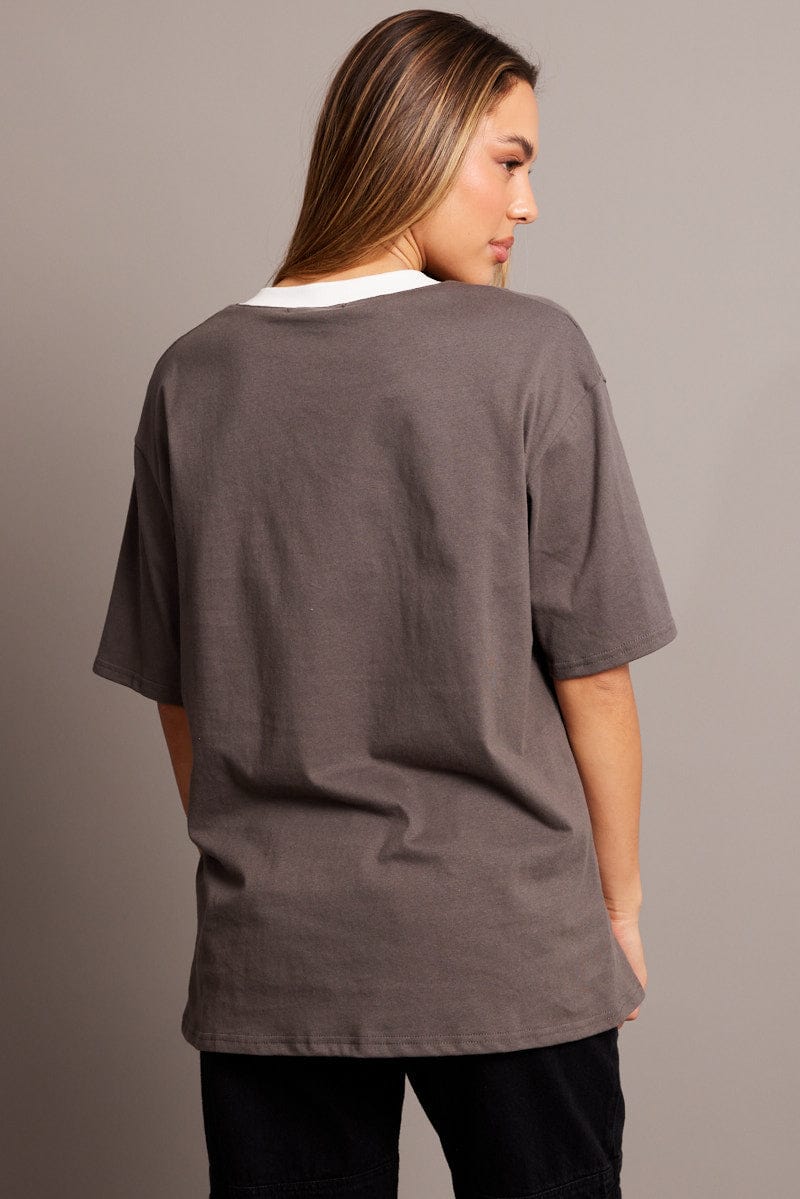 Grey Graphic Tee V Neck Short Sleeve for Ally Fashion