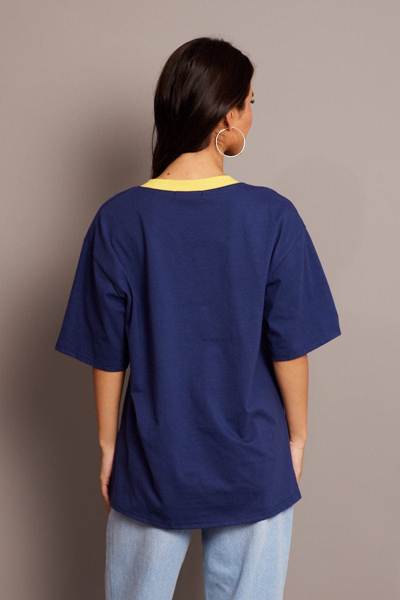 Blue Graphic Tee V Neck Short Sleeve for Ally Fashion