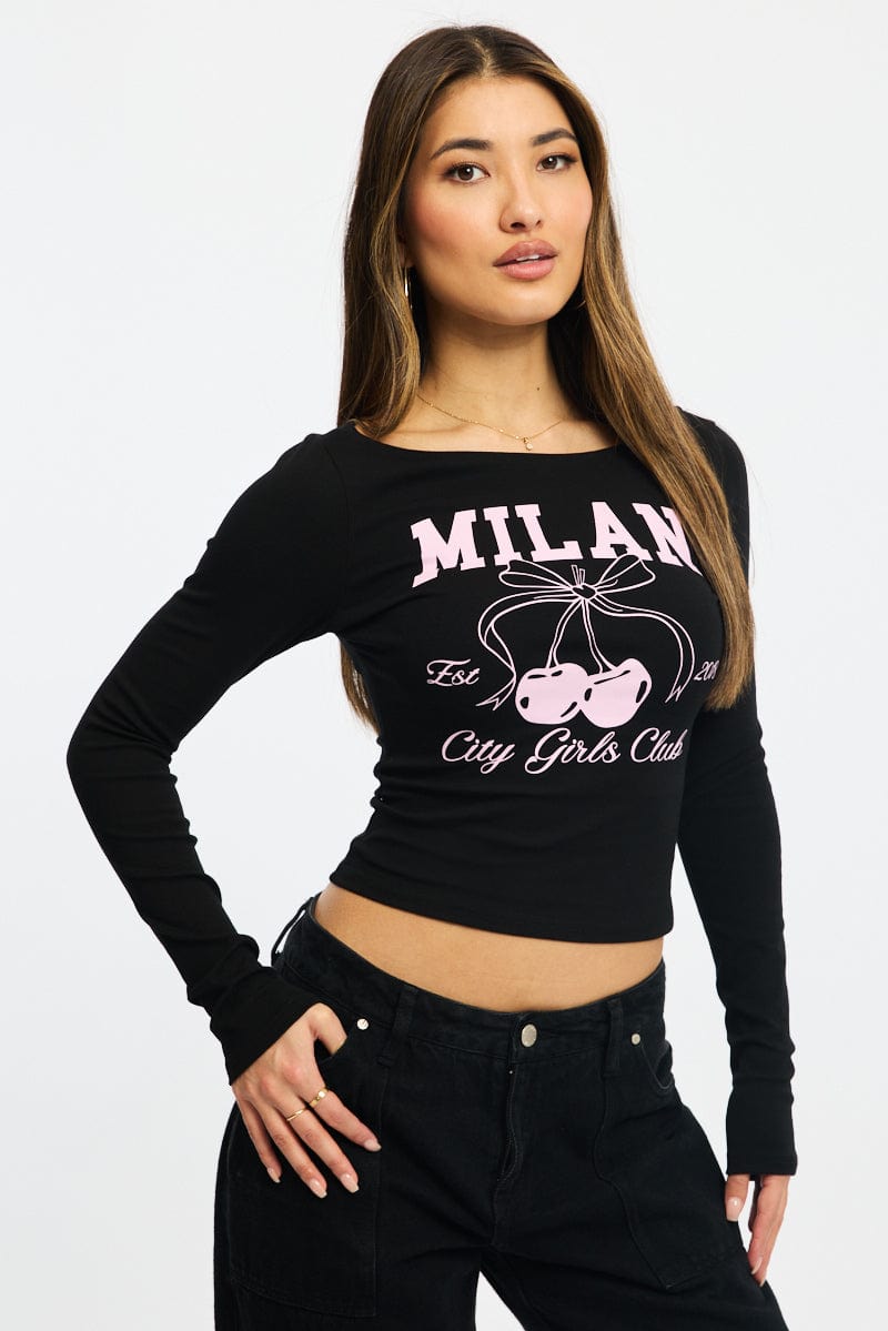 Black Graphic Tee Long Sleeve for Ally Fashion