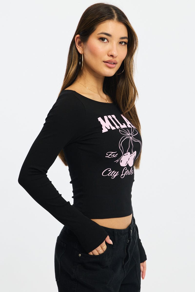 Black Graphic Tee Long Sleeve for Ally Fashion