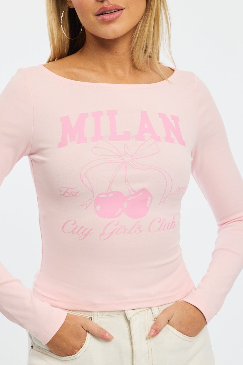 Pink Graphic Tee Long Sleeve for Ally Fashion