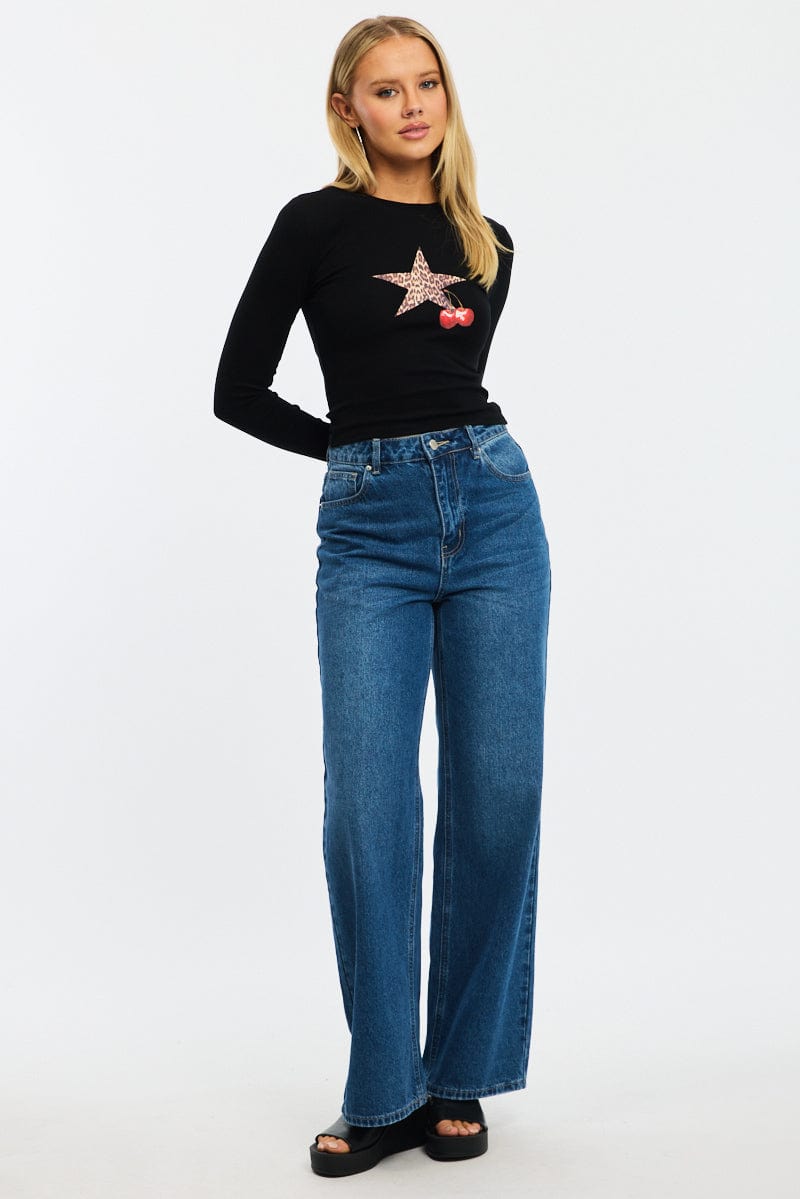 Black Graphic Tee Long Sleeve for Ally Fashion