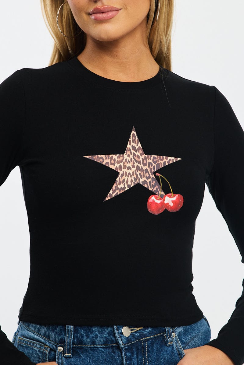 Black Graphic Tee Long Sleeve for Ally Fashion