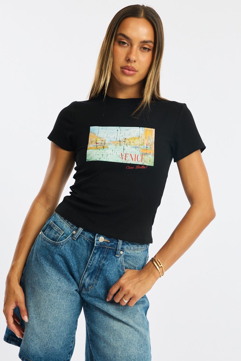 Black Graphic Tee Short Sleeve for Ally Fashion
