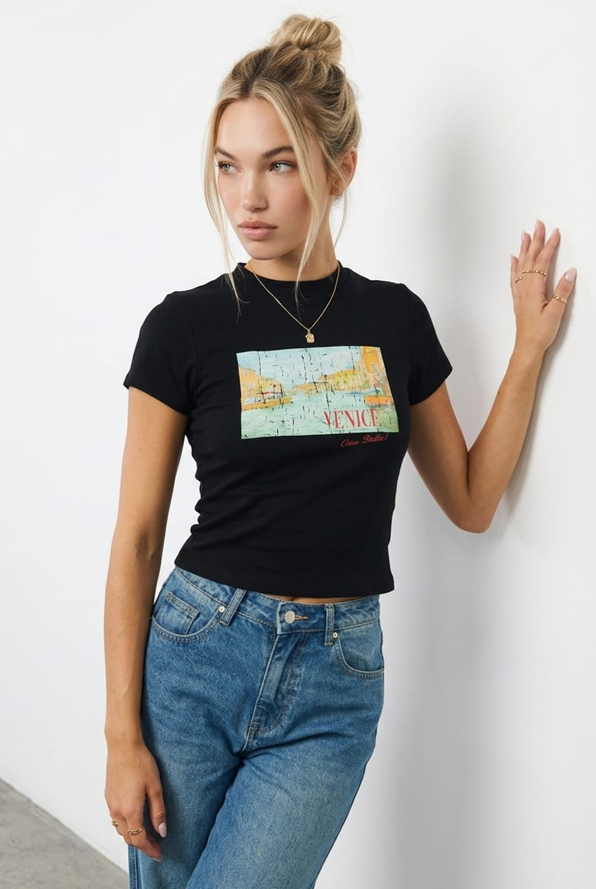Black Graphic Tee Short Sleeve for Ally Fashion