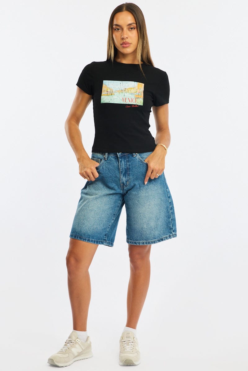 Black Graphic Tee Short Sleeve for Ally Fashion