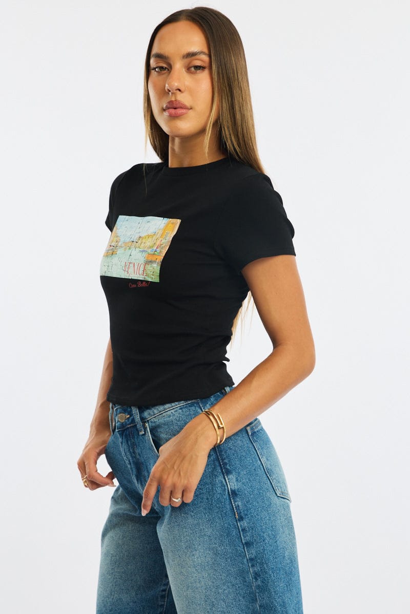 Black Graphic Tee Short Sleeve for Ally Fashion