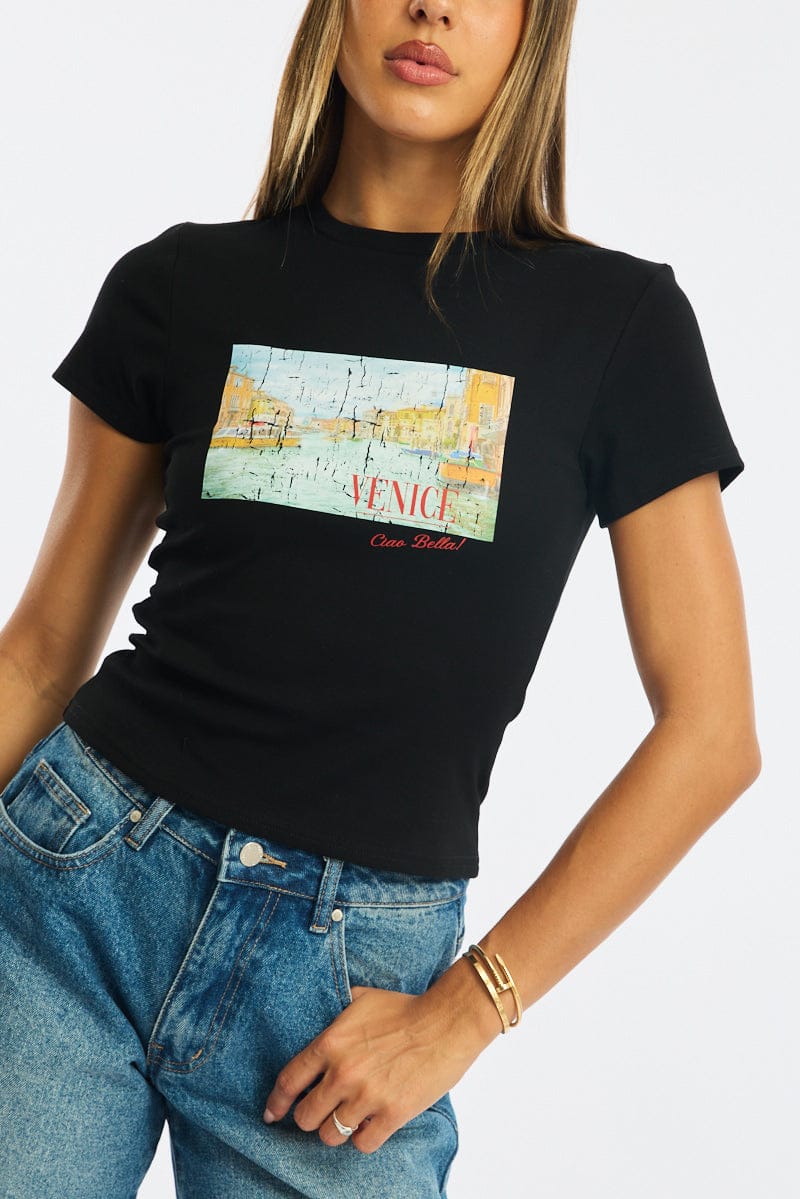 Black Graphic Tee Short Sleeve for Ally Fashion