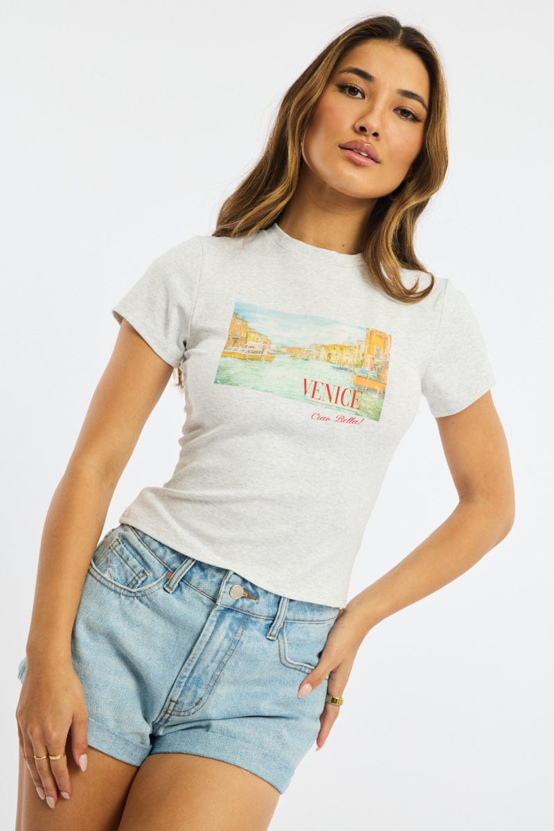 Grey Graphic Tee Short Sleeve for Ally Fashion