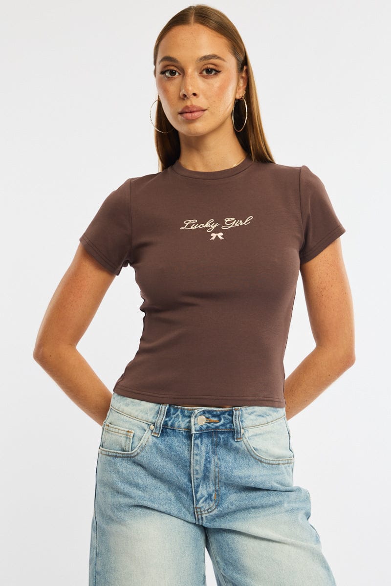 Brown Graphic Tee Short Sleeve for Ally Fashion