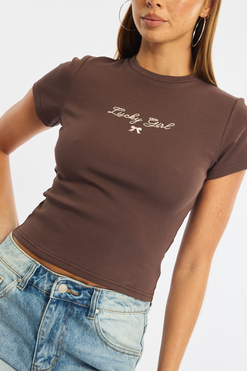 Brown Graphic Tee Short Sleeve for Ally Fashion