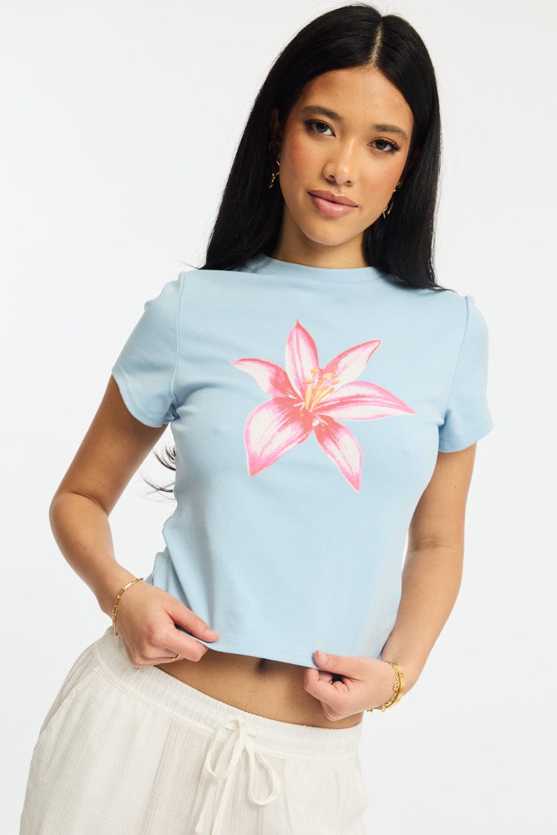 Blue Graphic Tee Short Sleeve for Ally Fashion
