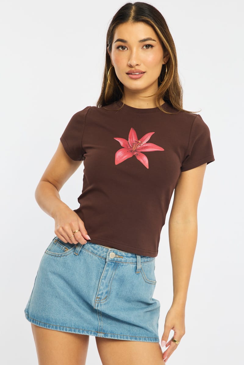 Brown Graphic Tee Short Sleeve for Ally Fashion