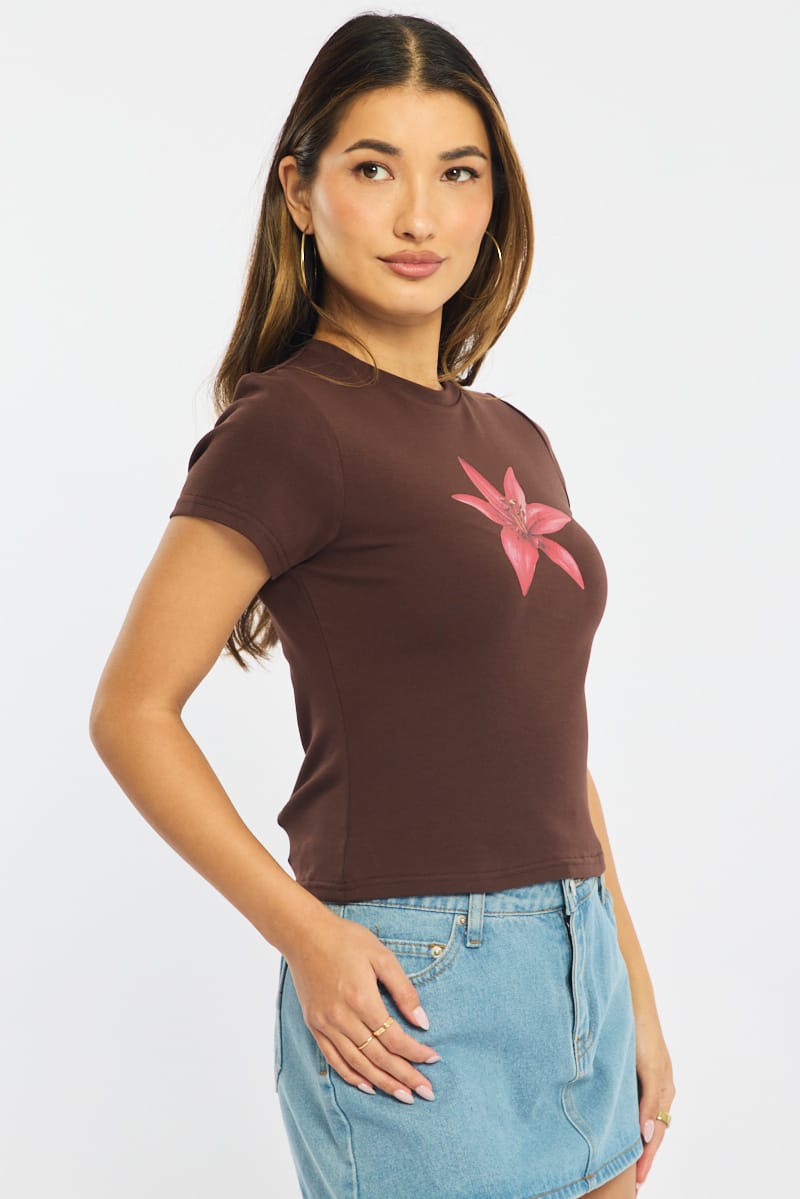 Brown Graphic Tee Short Sleeve for Ally Fashion