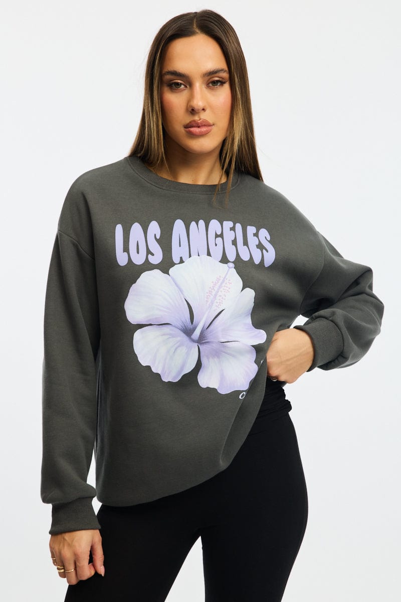 Grey Graphic Sweater Long Sleeve for Ally Fashion
