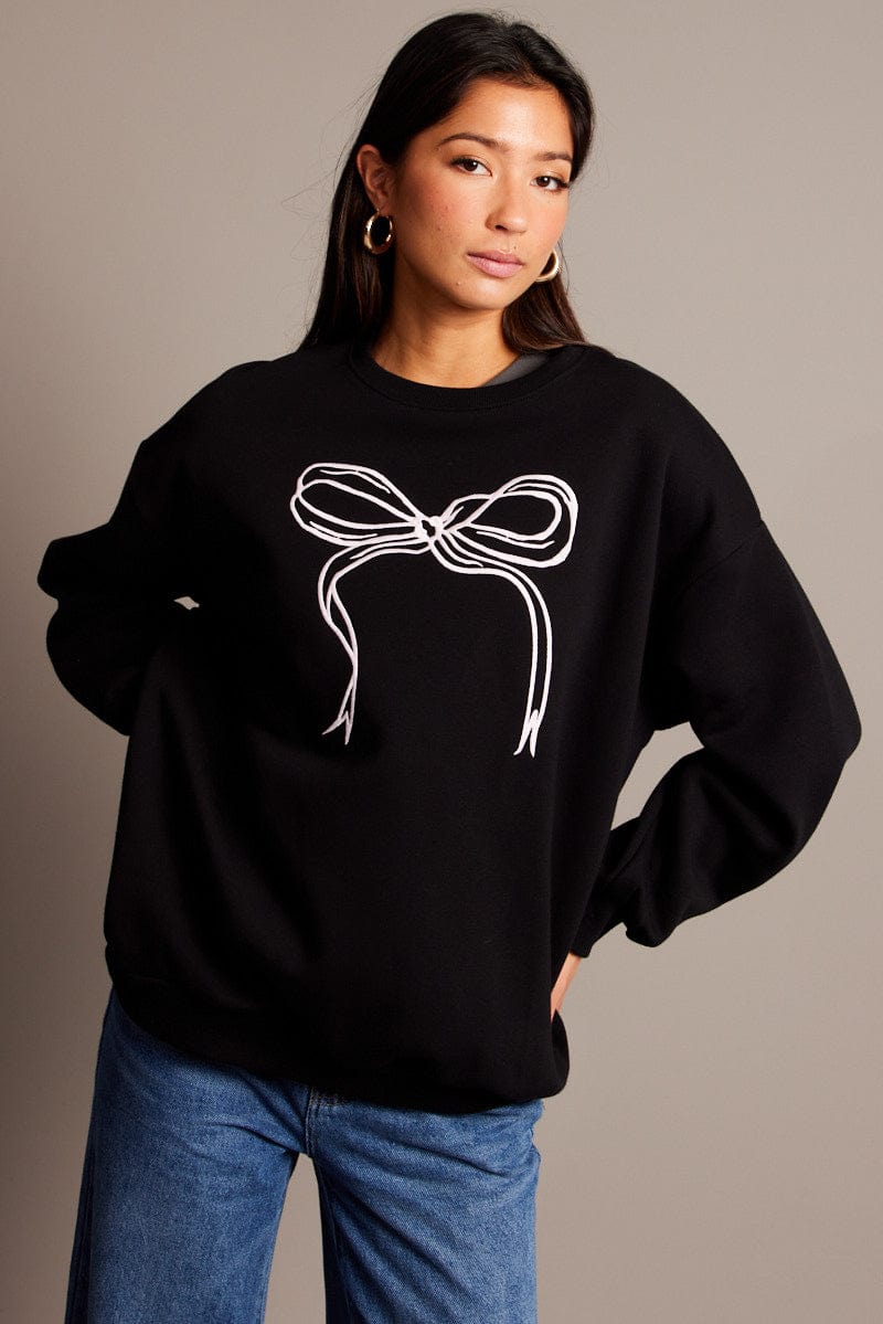 Black Graphic Sweater Long Sleeve for Ally Fashion