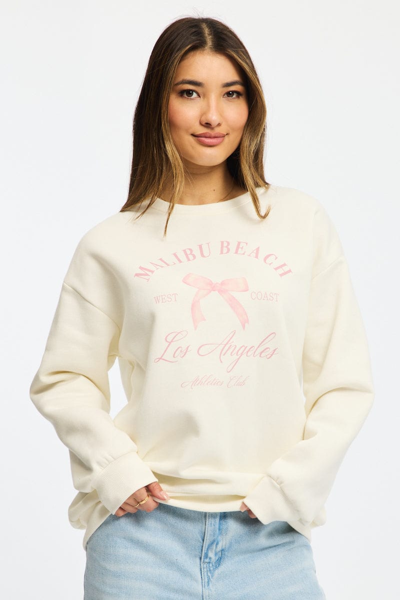 White Graphic Sweater Long Sleeve for Ally Fashion