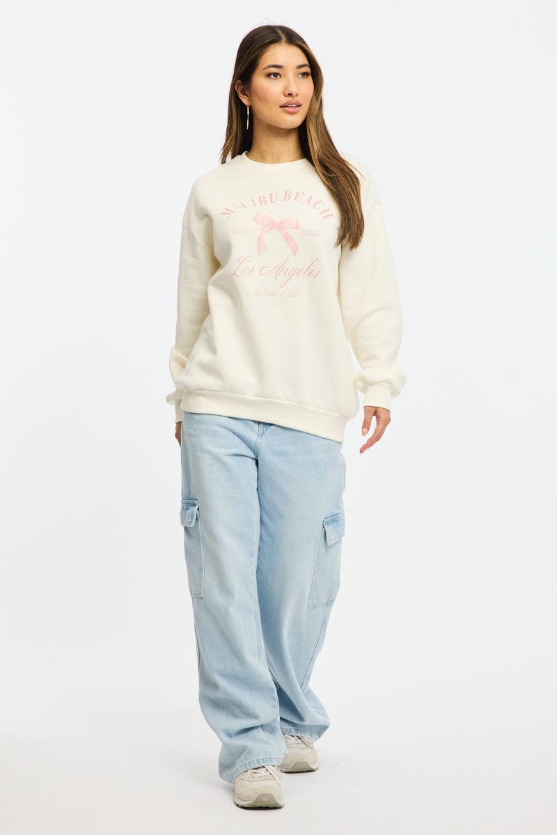 White Graphic Sweater Long Sleeve for Ally Fashion