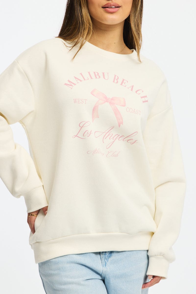 White Graphic Sweater Long Sleeve for Ally Fashion