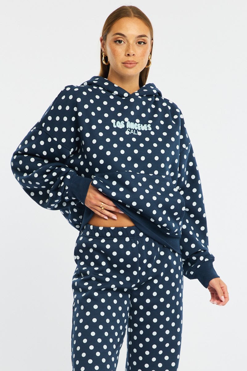 Blue Polka Dot Hoodie Sweater for Ally Fashion