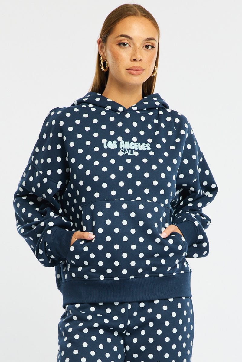 Blue Polka Dot Hoodie Sweater for Ally Fashion