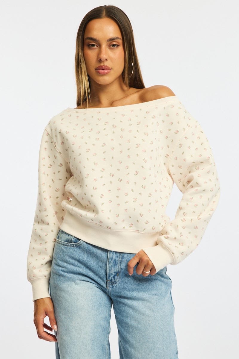 White Ditsy Off Shoulder Sweater for Ally Fashion