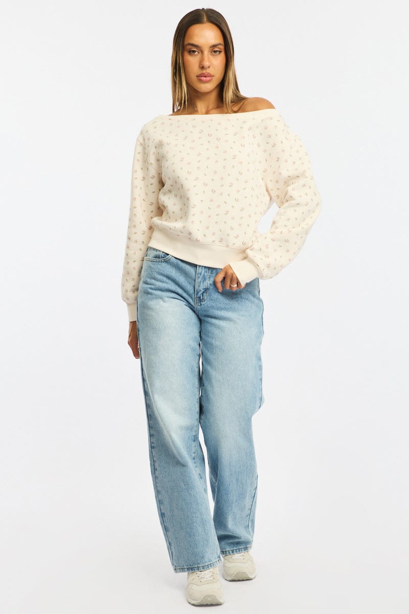 White Ditsy Off Shoulder Sweater for Ally Fashion