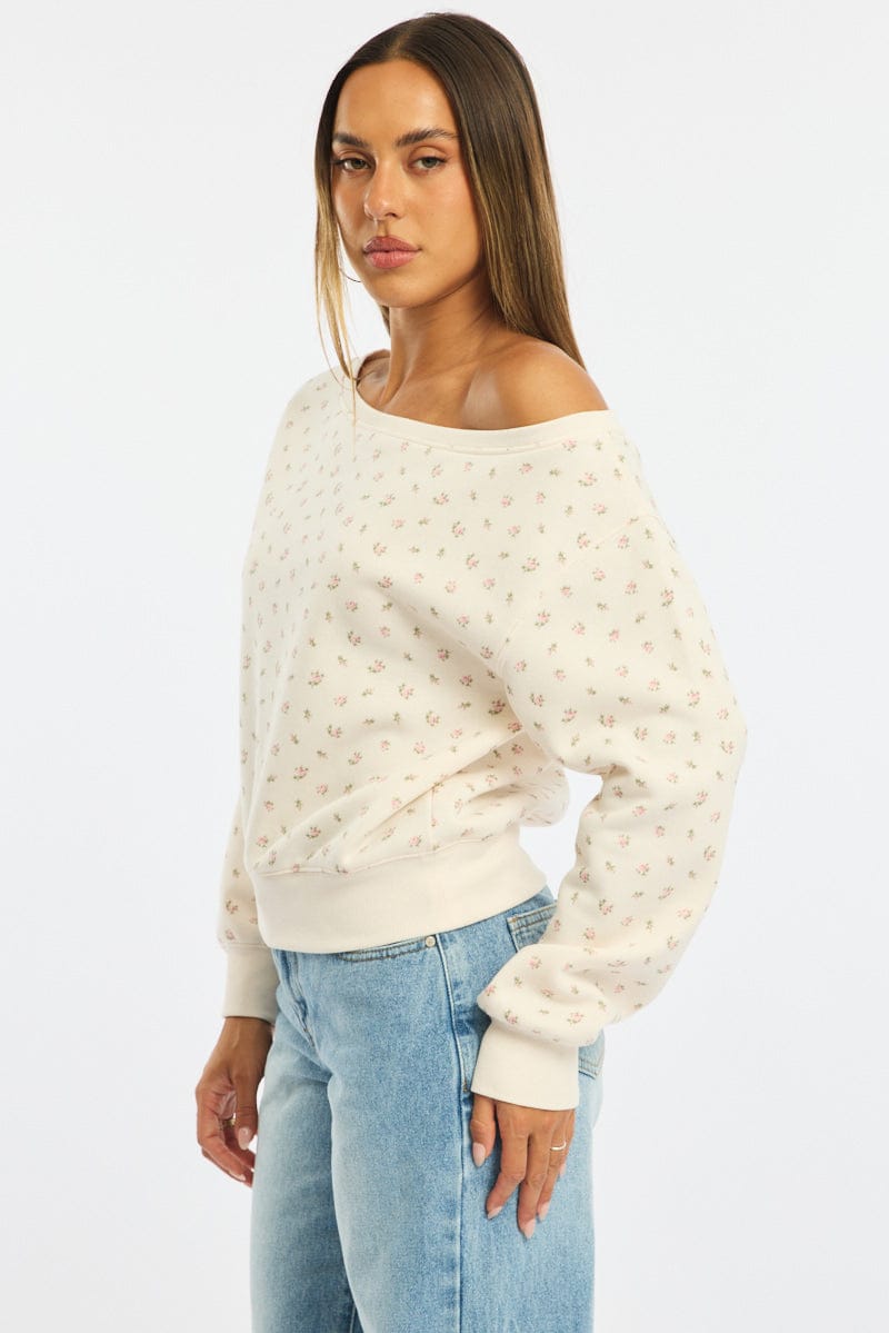 White Ditsy Off Shoulder Sweater for Ally Fashion