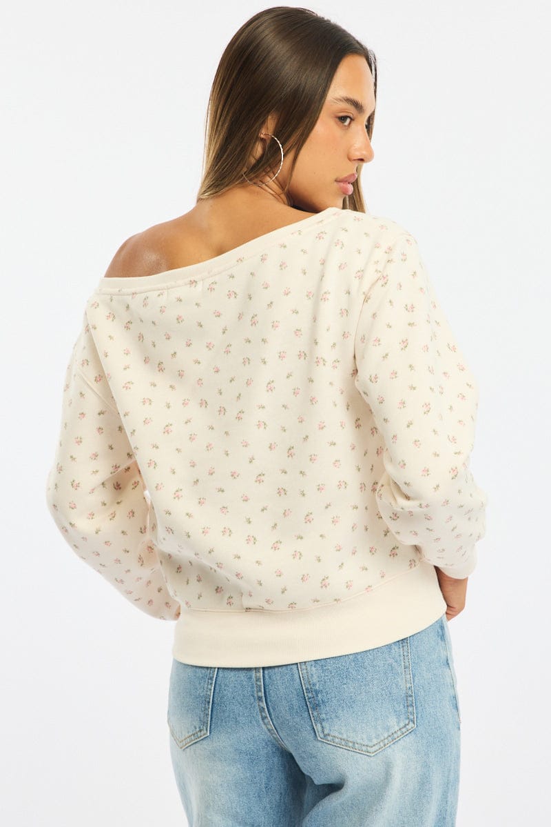 White Ditsy Off Shoulder Sweater for Ally Fashion