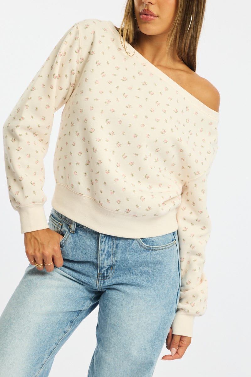 White Ditsy Off Shoulder Sweater for Ally Fashion