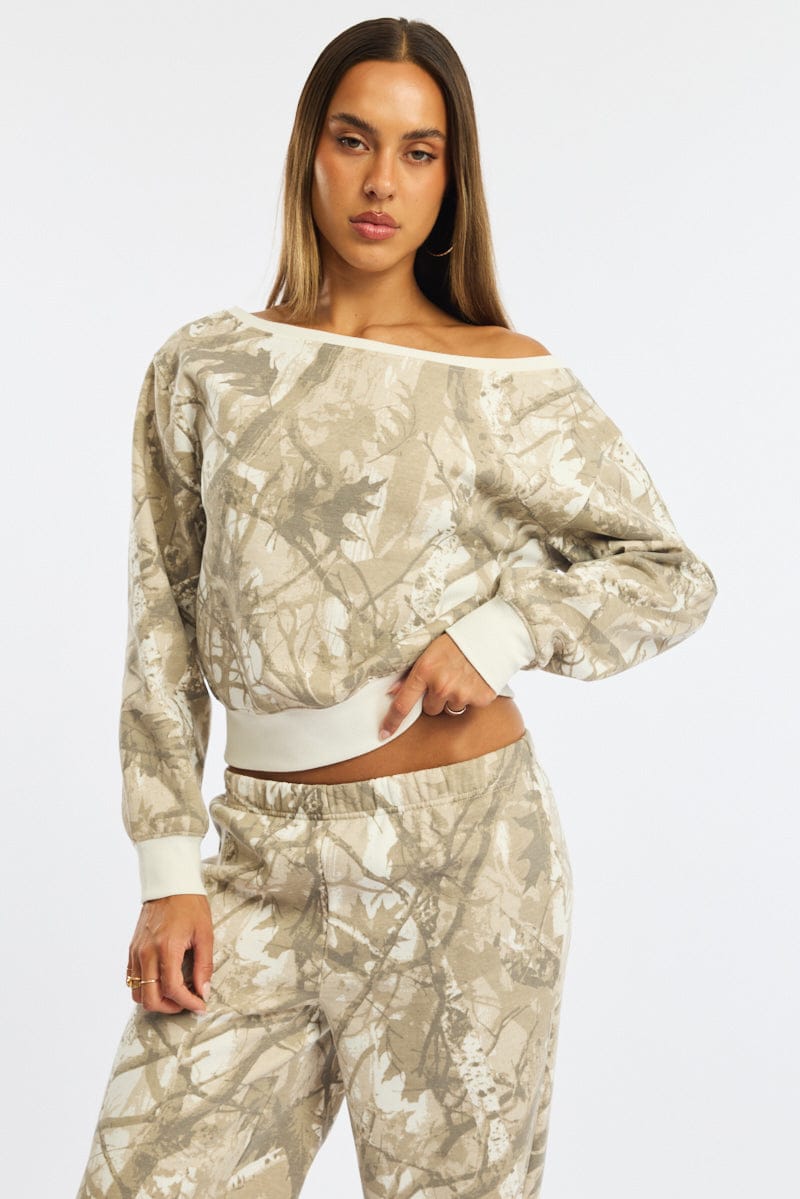 Green Print Off Shoulder Sweater for Ally Fashion