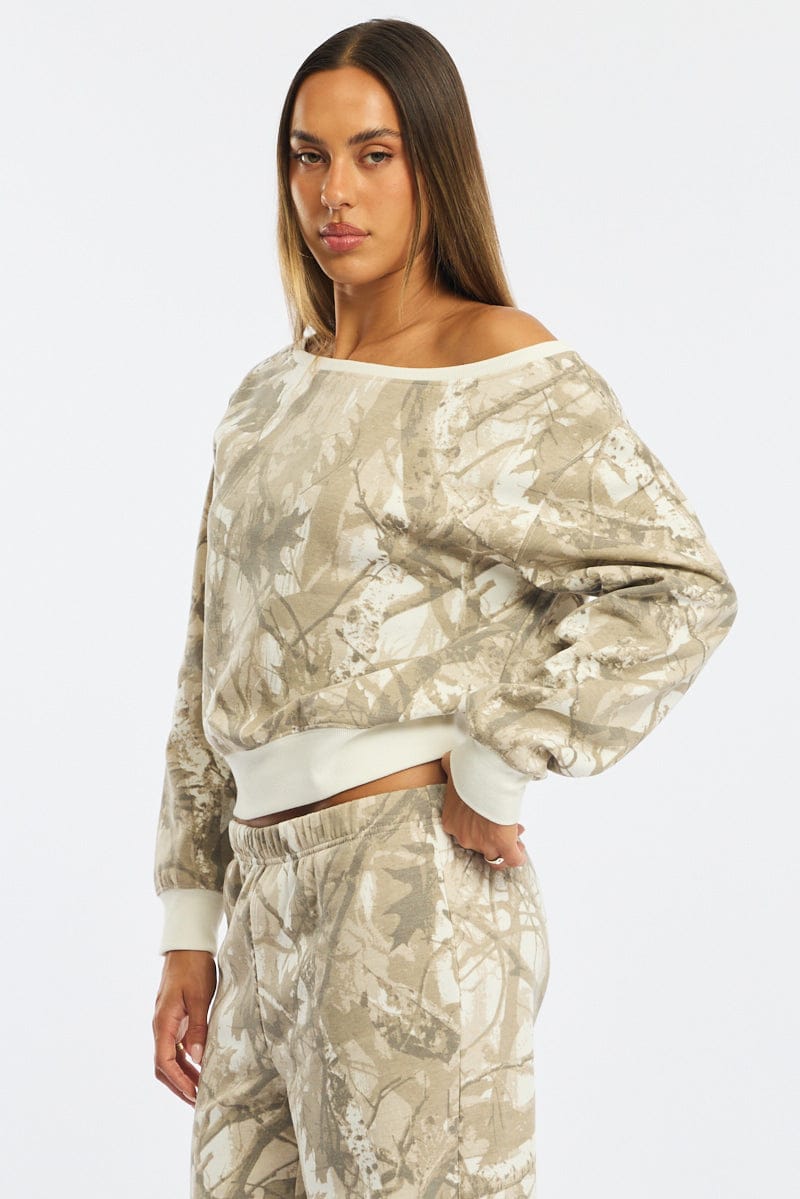 Green Print Off Shoulder Sweater for Ally Fashion