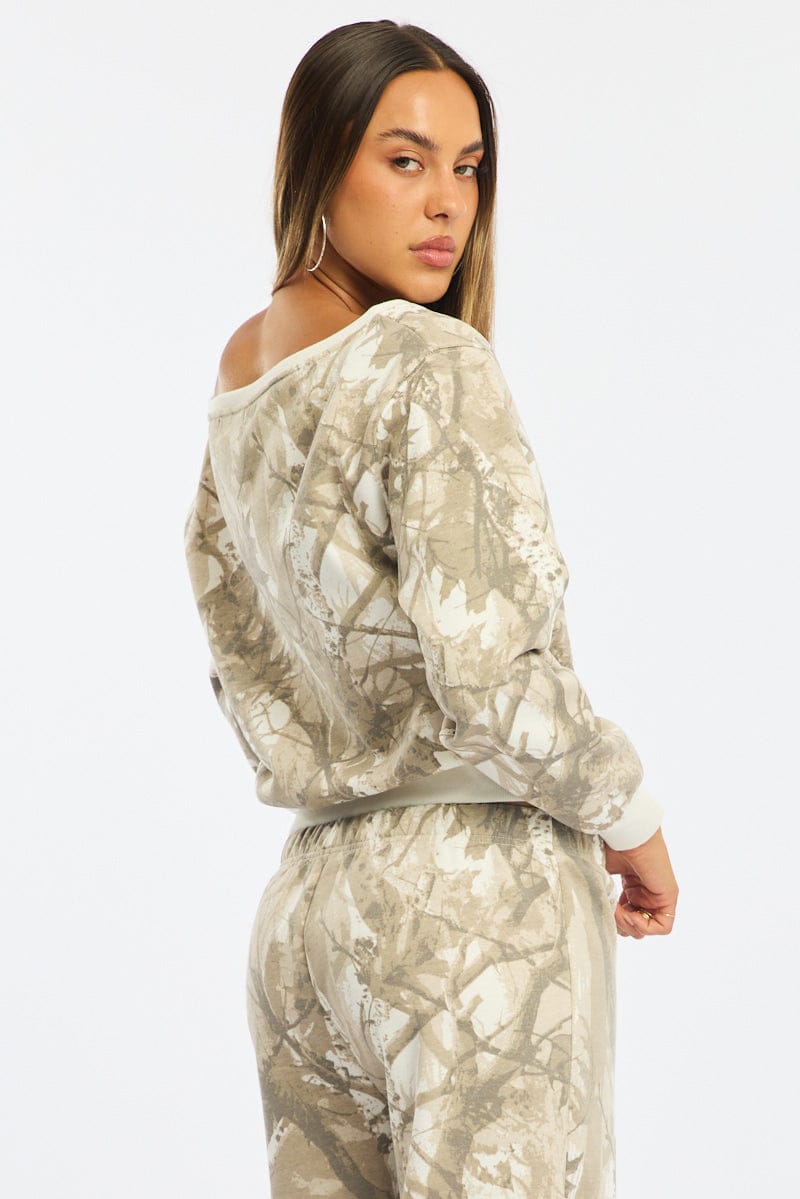 Green Print Off Shoulder Sweater for Ally Fashion
