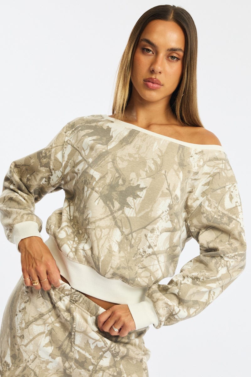 Green Print Off Shoulder Sweater for Ally Fashion