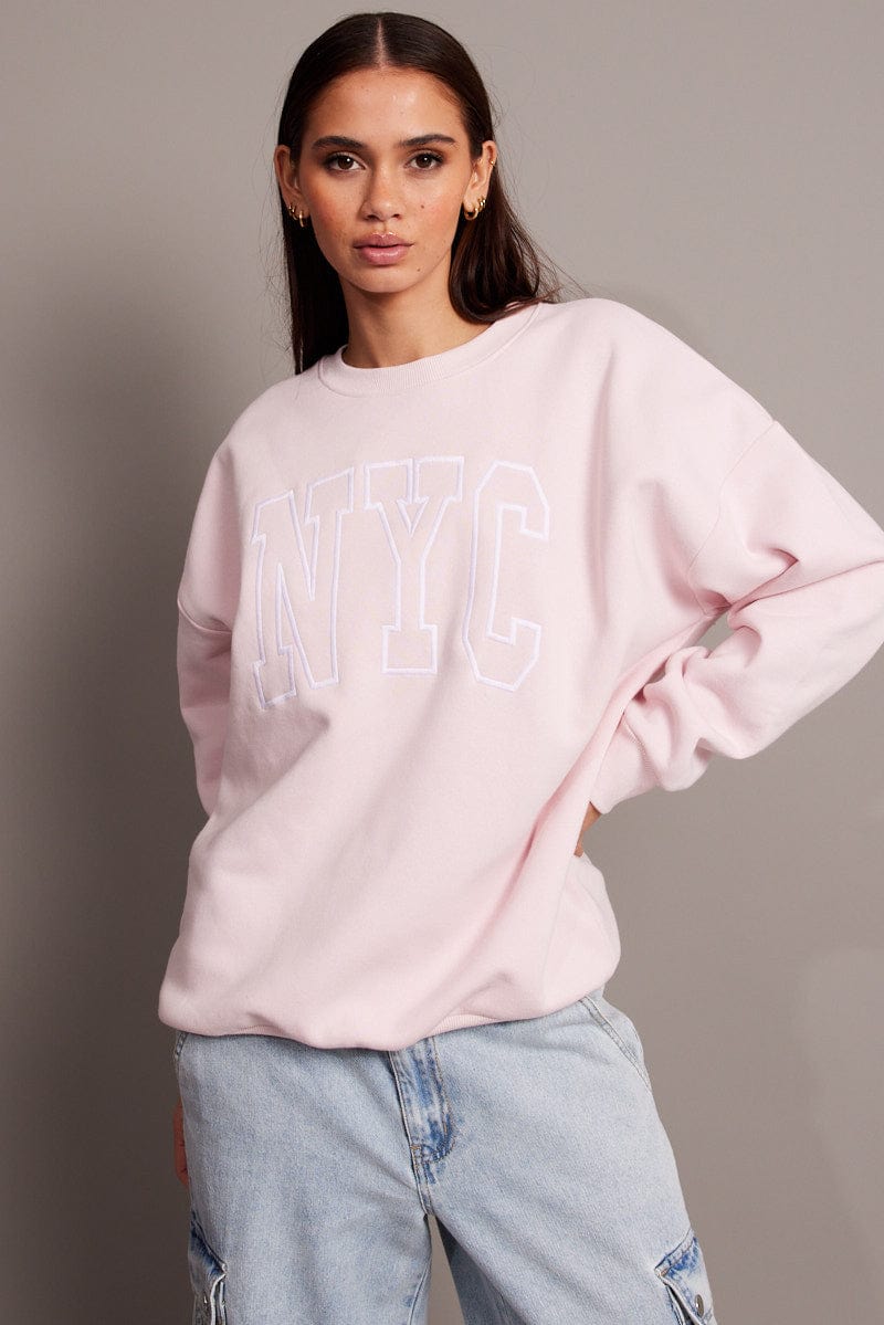 Pink Graphic Sweater Long Sleeve for Ally Fashion