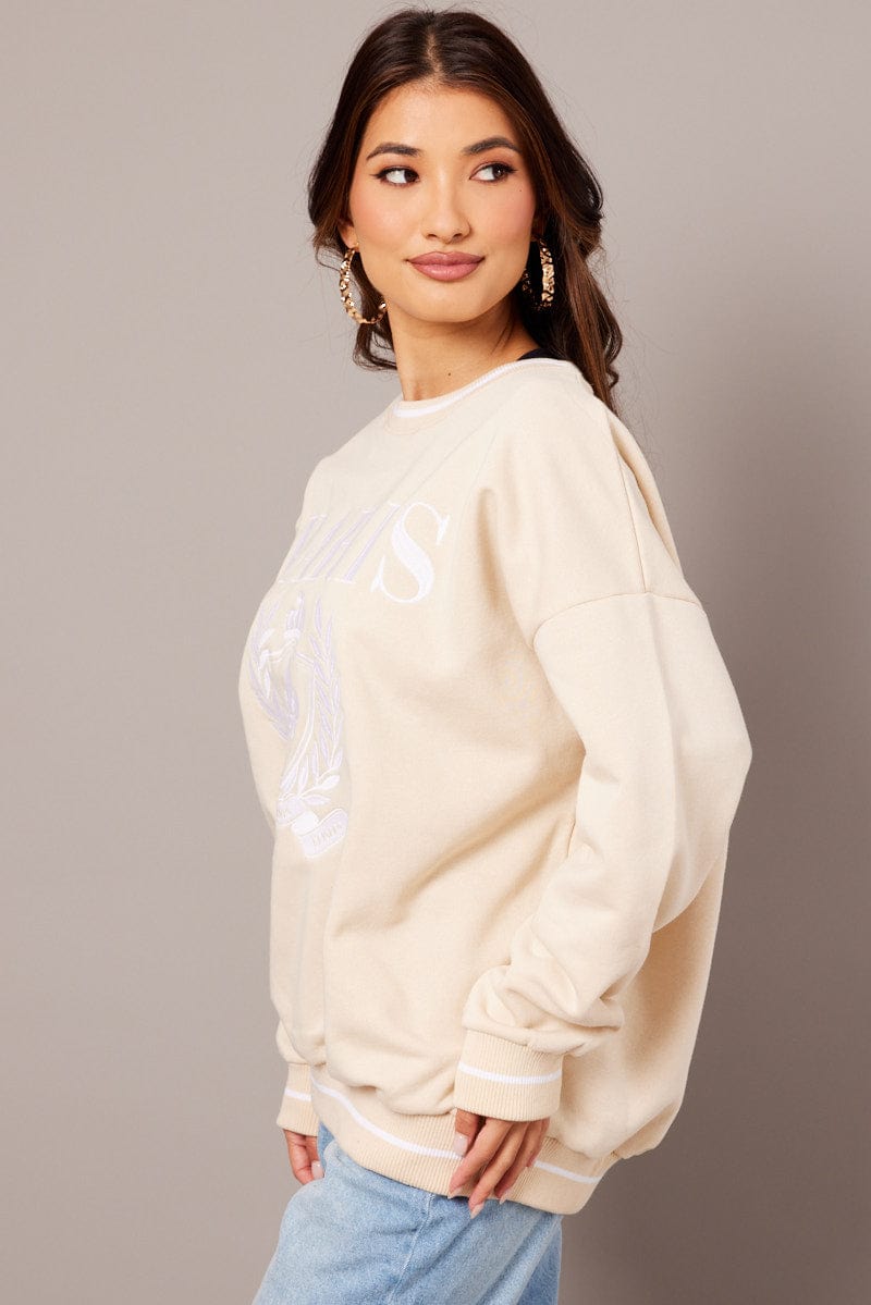 Beige Graphic Sweater Long Sleeve for Ally Fashion