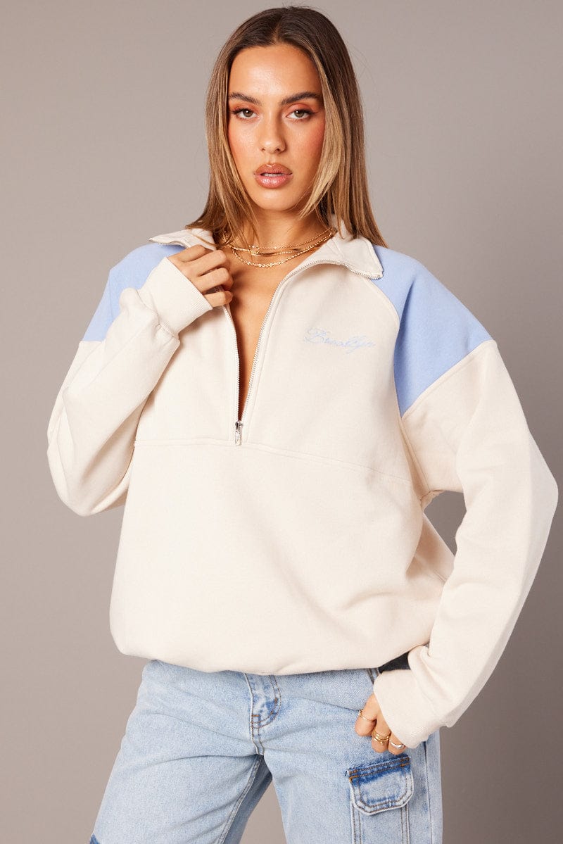 White Zip Sweater Funnel Neck Oversized for Ally Fashion