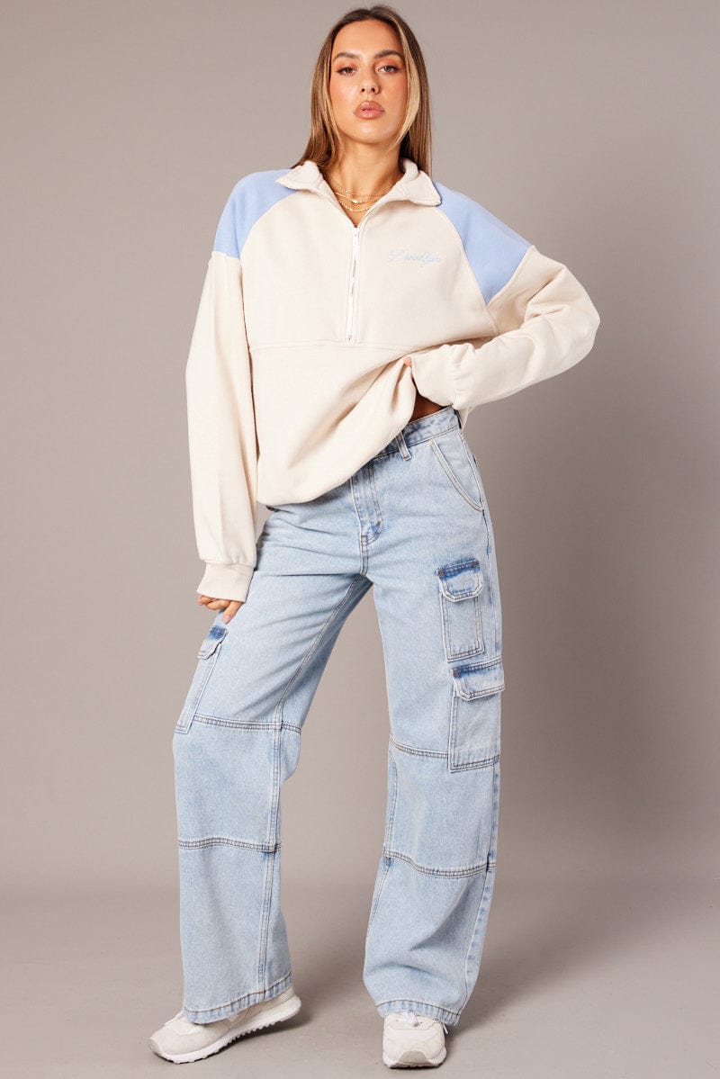 White Zip Sweater Funnel Neck Oversized for Ally Fashion