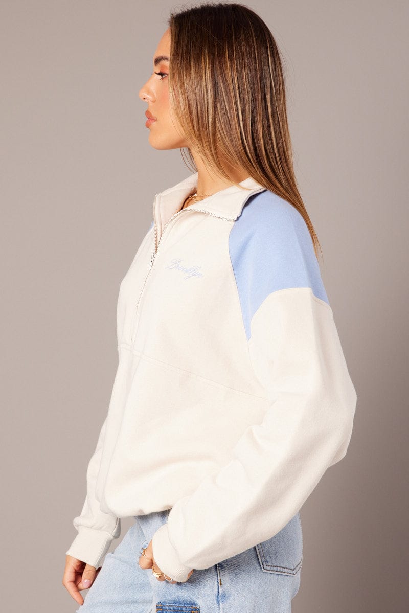 White Zip Sweater Funnel Neck Oversized for Ally Fashion