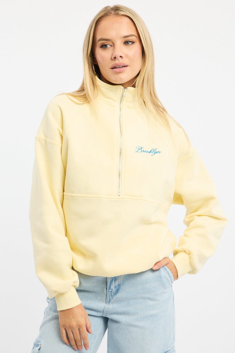 Yellow Zip Sweater Funnel Neck Oversized for Ally Fashion