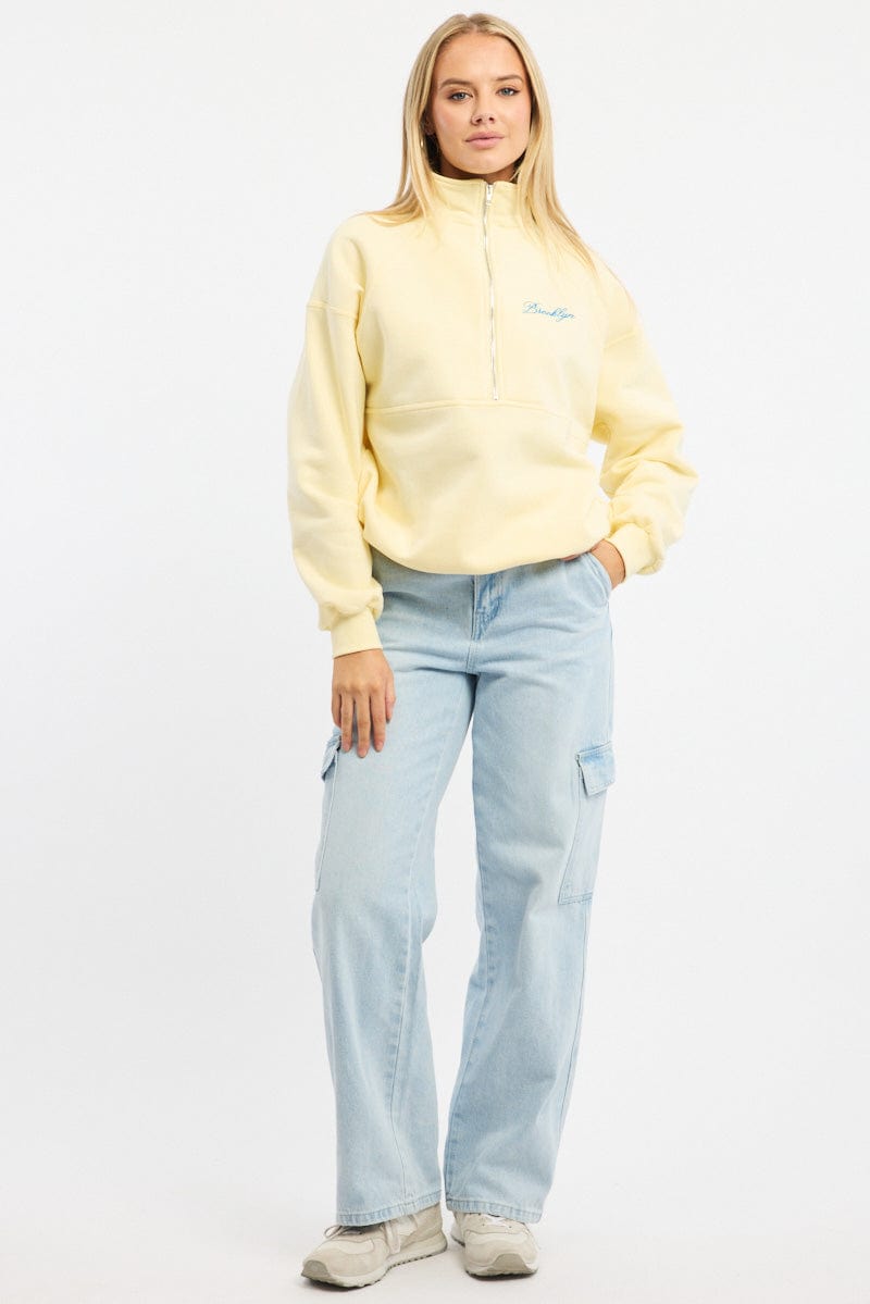 Yellow Zip Sweater Funnel Neck Oversized for Ally Fashion