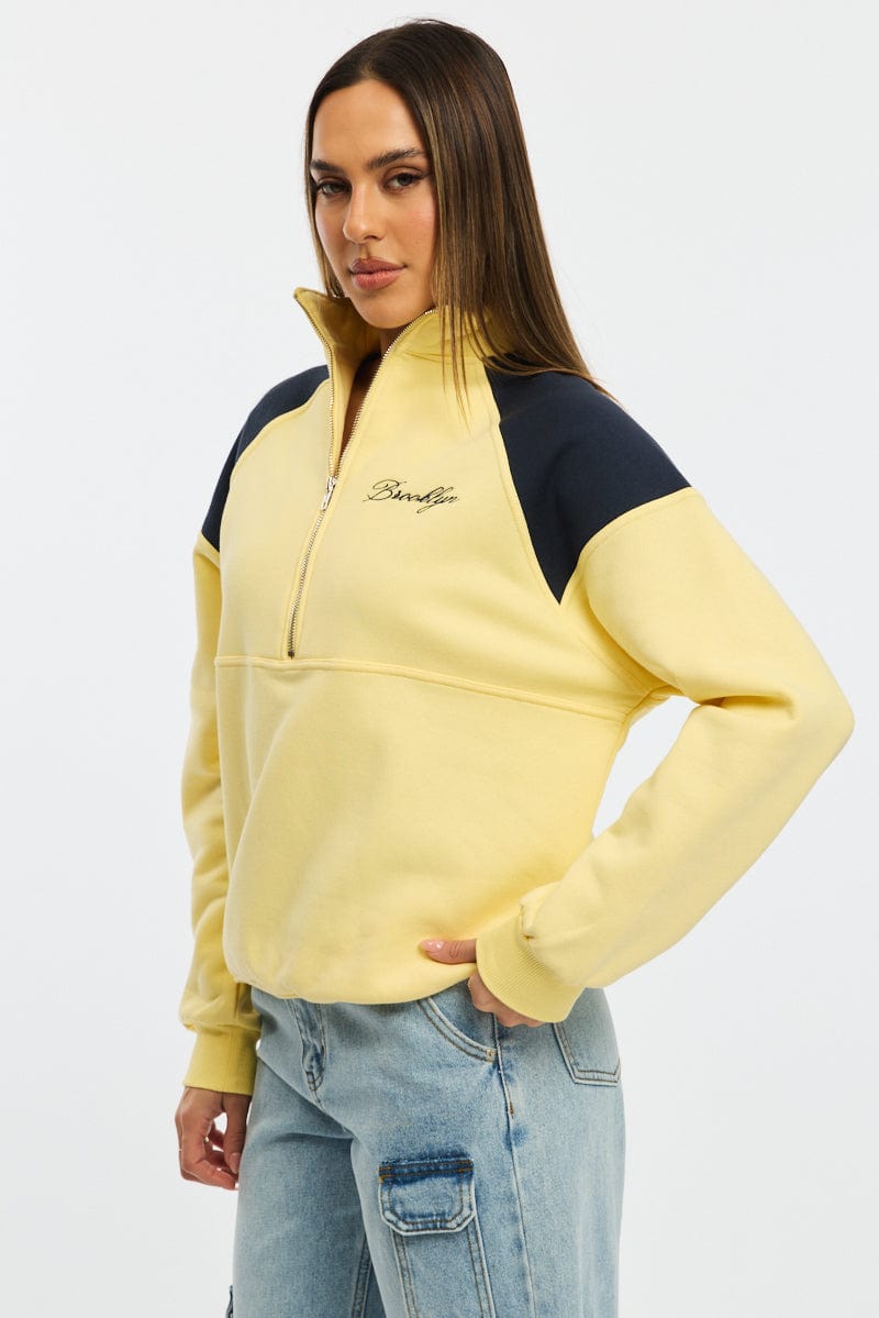 Yellow Zip Sweater Funnel Neck Oversized for Ally Fashion