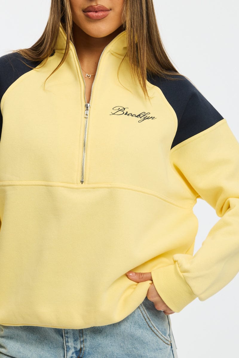 Yellow Zip Sweater Funnel Neck Oversized for Ally Fashion