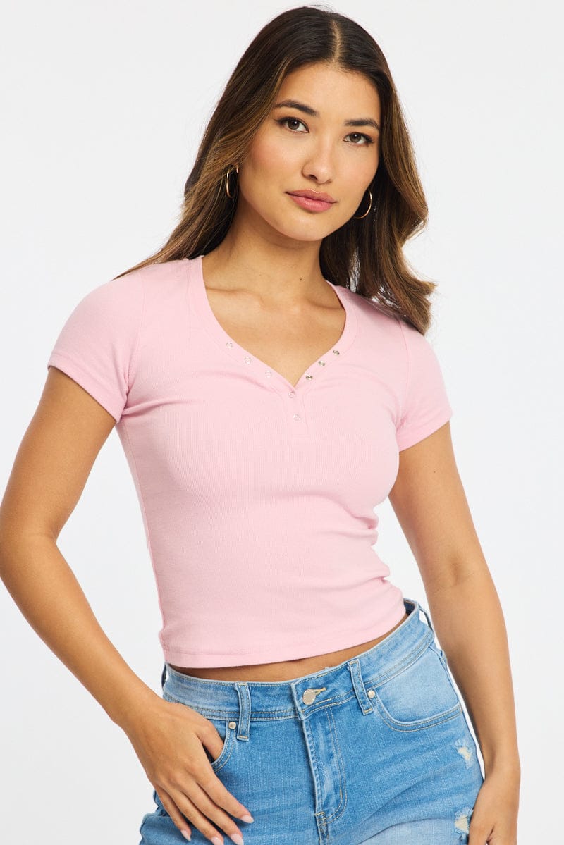 Pink Henley Top Short Sleeve for Ally Fashion