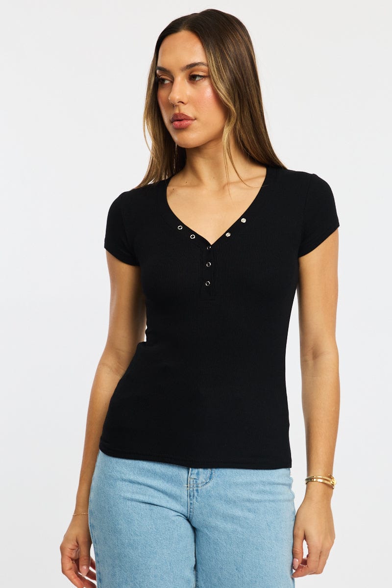 Black Henley Top Short Sleeve for Ally Fashion
