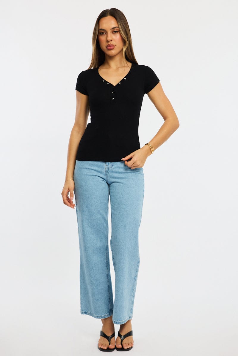 Black Henley Top Short Sleeve for Ally Fashion