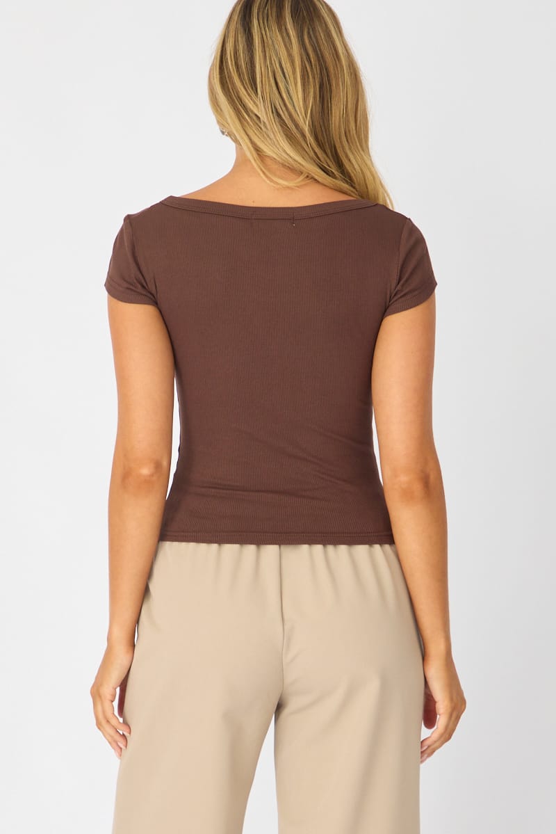 Brown V-neck Long Sleeve Top for Ally Fashion