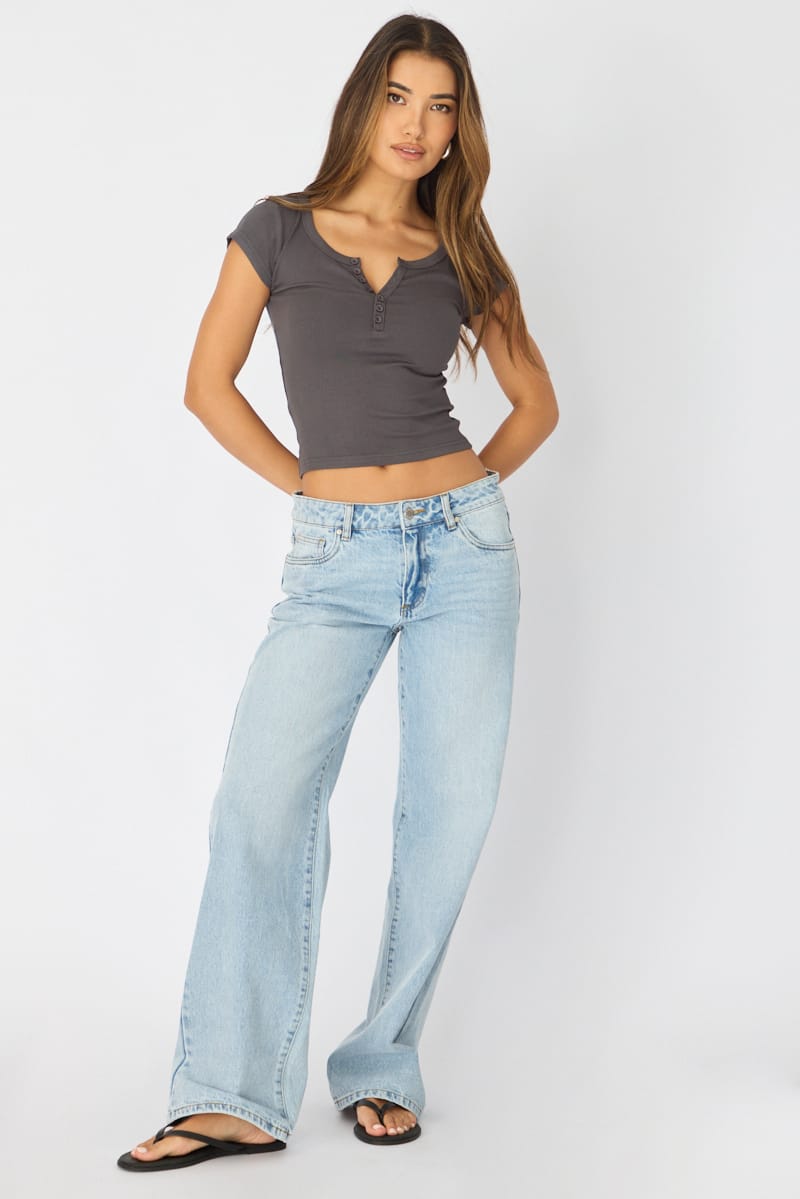 Grey V-neck Long Sleeve Top for Ally Fashion