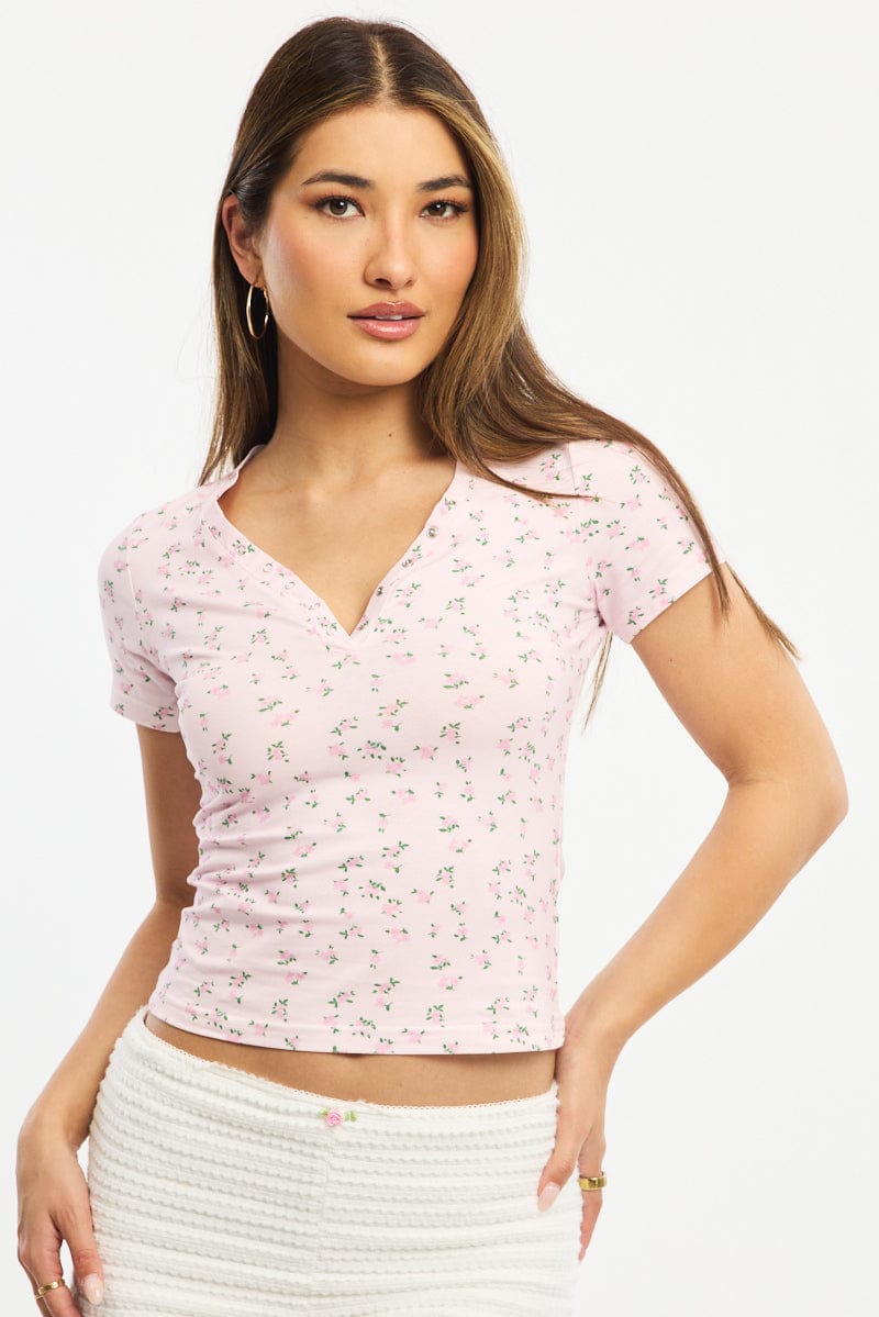 Pink Ditsy Henley Top Short Sleeve for Ally Fashion