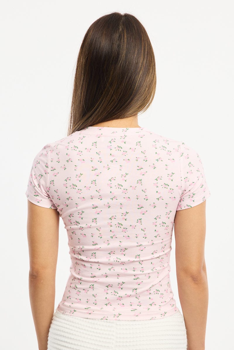 Pink Ditsy Henley Top Short Sleeve for Ally Fashion